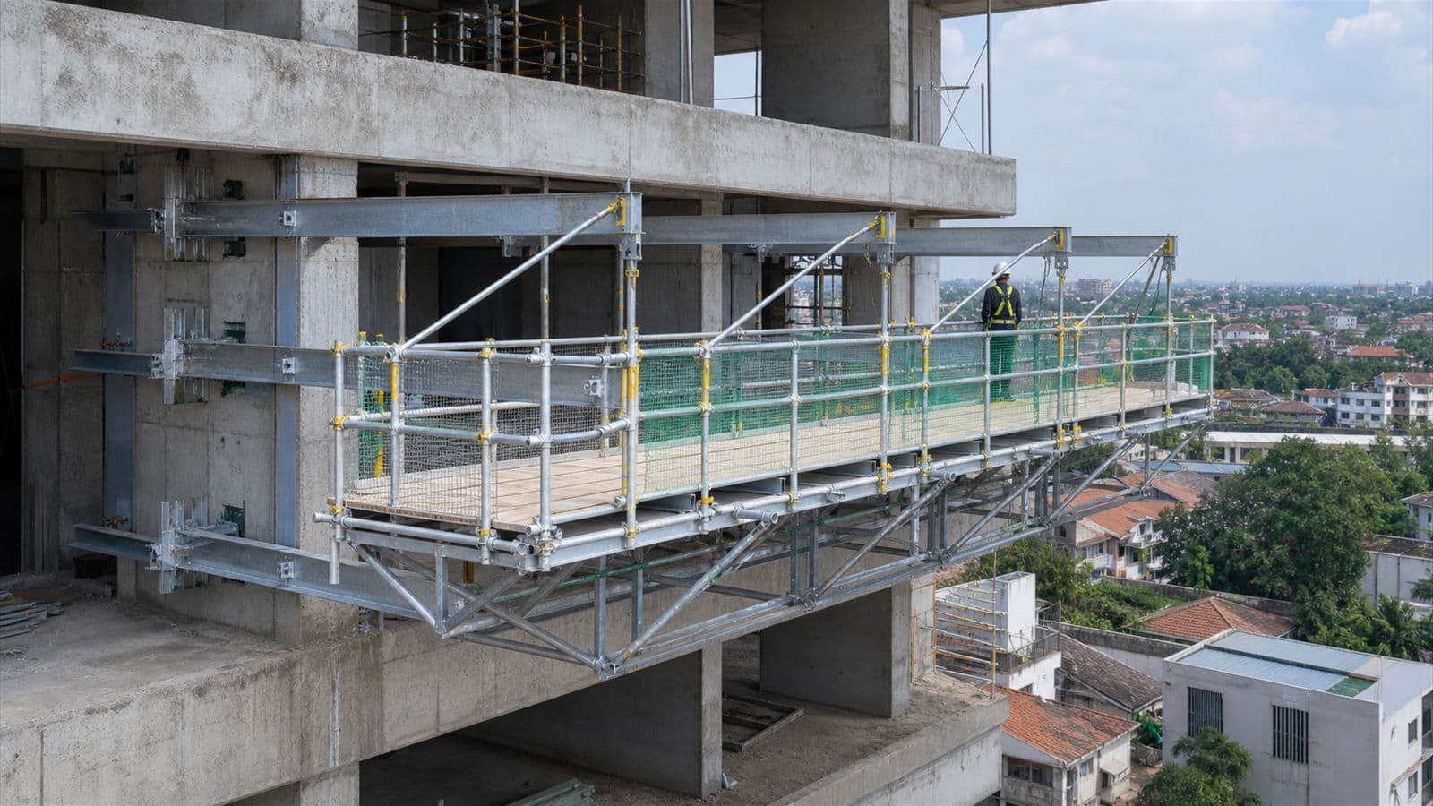 Platform kerja cantilever berpagar dan berjaring hijau yang ditopang balok baja dan rangka pipa menjorok dari tepi lantai gedung beton yang sedang dibangun, dengan pekerja ber-harness di atasnya