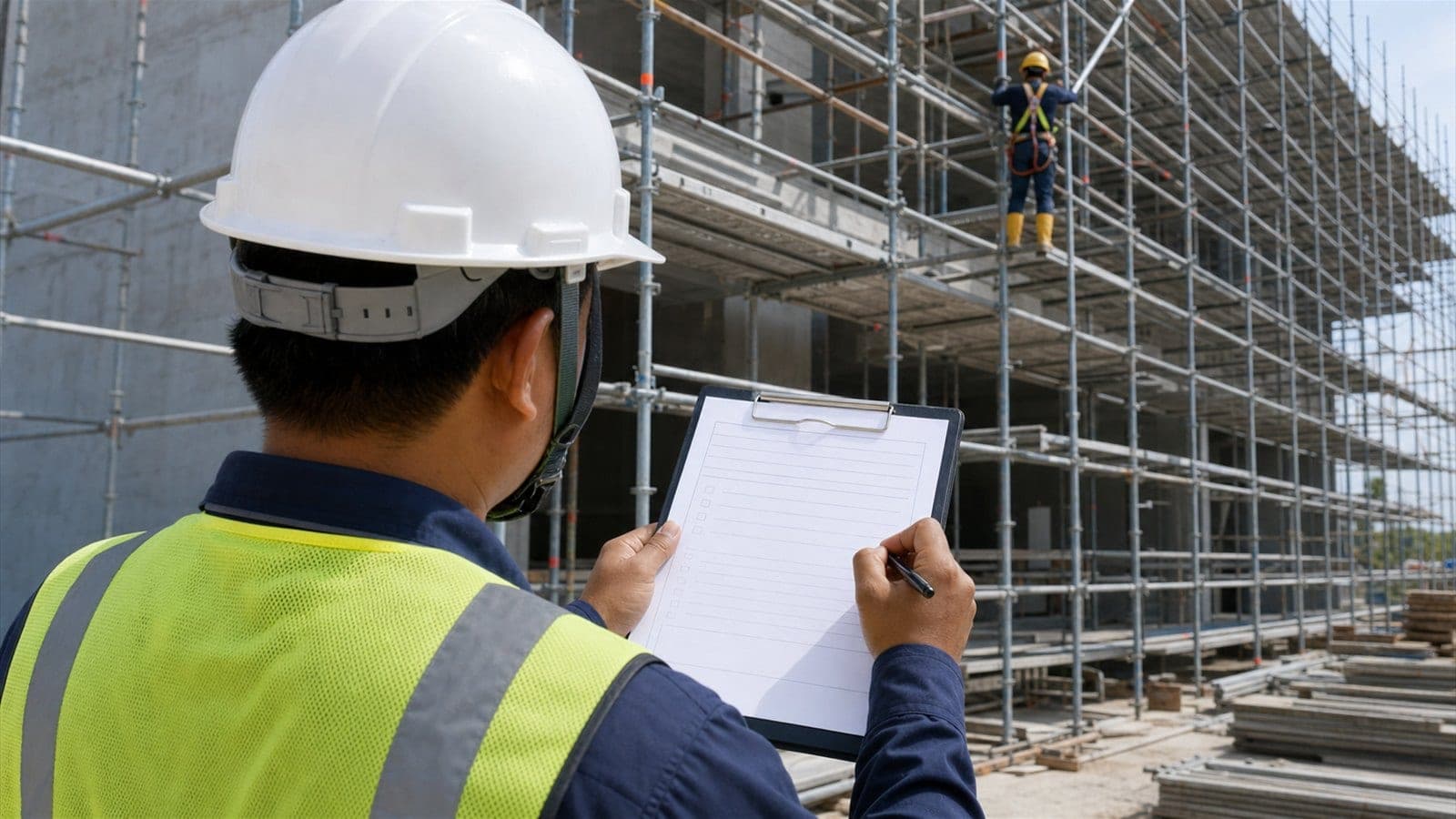 Pengawas K3 berhelm putih mengisi formulir izin kerja di clipboard sambil mengamati pekerja ber-harness di lantai kerja scaffolding pada gedung bertingkat yang sedang dibangun