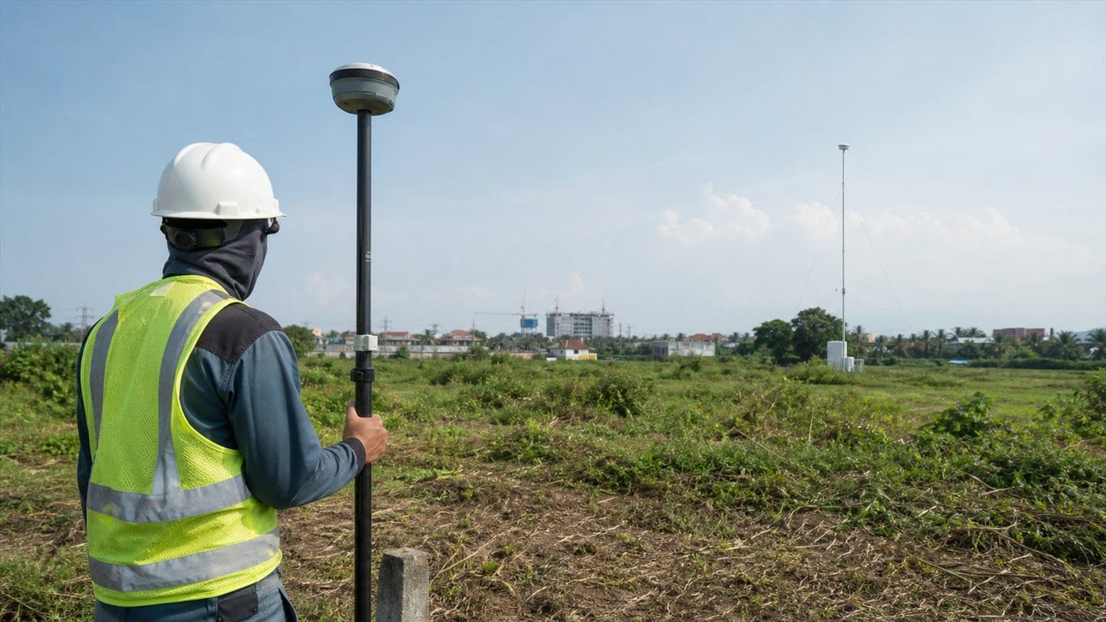Surveyor berhelm putih memegang tongkat receiver GNSS di atas patok beton di lahan terbuka, dengan menara antena stasiun referensi di kejauhan
