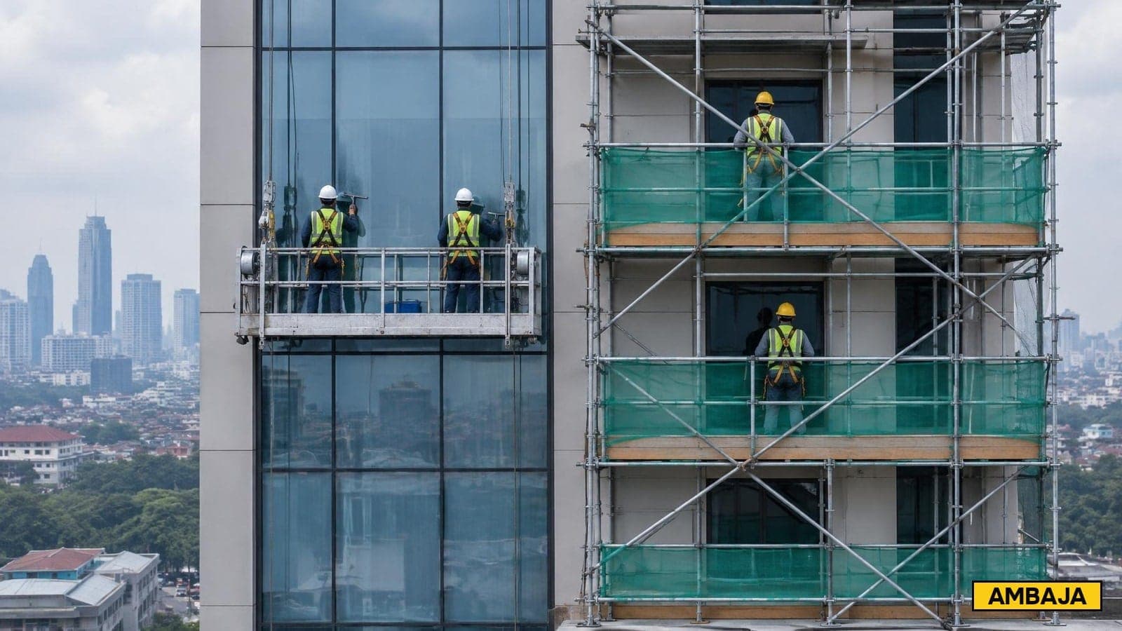 Fasad gedung dengan dua metode kerja: gondola gantung dengan dua pekerja ber-harness membersihkan kaca di kiri, dan scaffolding statis berjaring hijau dengan pekerja di dua lantai kerja di kanan