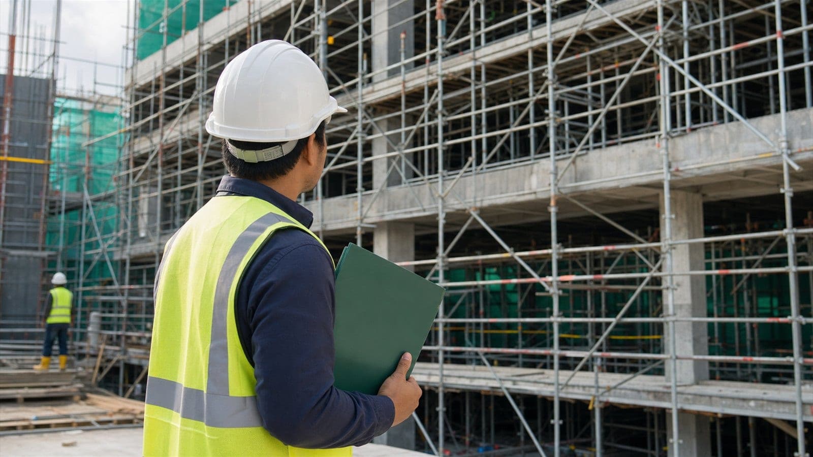 Petugas K3 berhelm putih membawa map hijau mengamati scaffolding yang terpasang di beberapa lantai gedung beton yang sedang dibangun