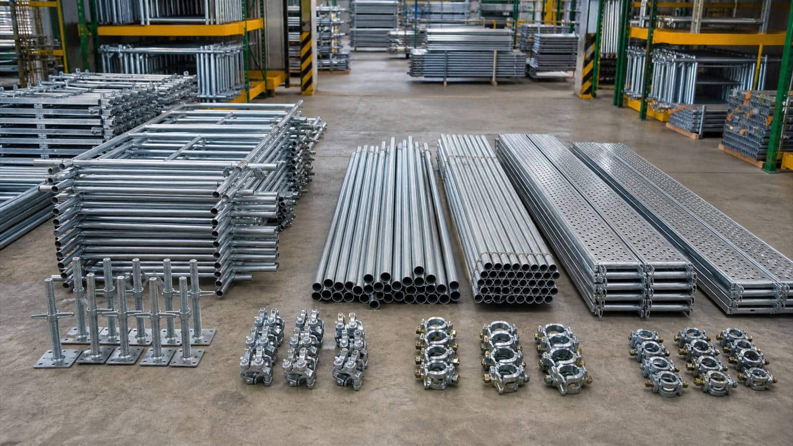Komponen scaffolding galvanis tertata di lantai gudang: tumpukan main frame, pipa, catwalk berlubang, jack base, dan deretan klem coupler