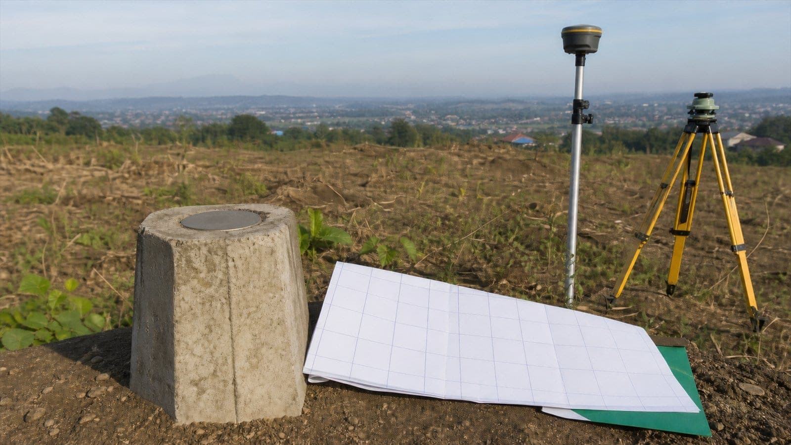 Tugu titik kontrol beton dengan pelat logam di puncaknya, kertas berpetak di sampingnya, serta receiver GNSS bertongkat dan tripod di lahan terbuka yang menghadap permukiman