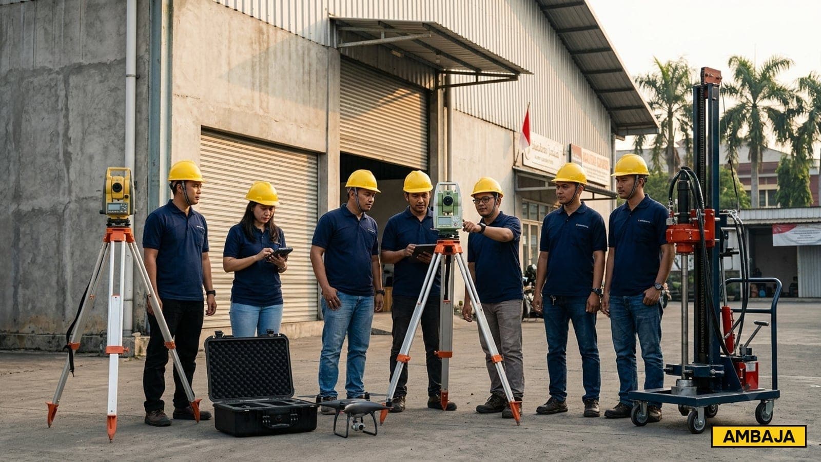 Tim surveyor Ambaja dengan Total Station, GPS RTK, dan drone LiDAR