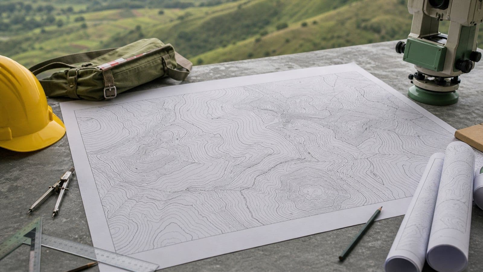 Lembar peta kontur topografi di atas meja batu bersama helm kuning, jangka, penggaris, pensil, dan gulungan peta, dengan total station dan perbukitan hijau di latar belakang