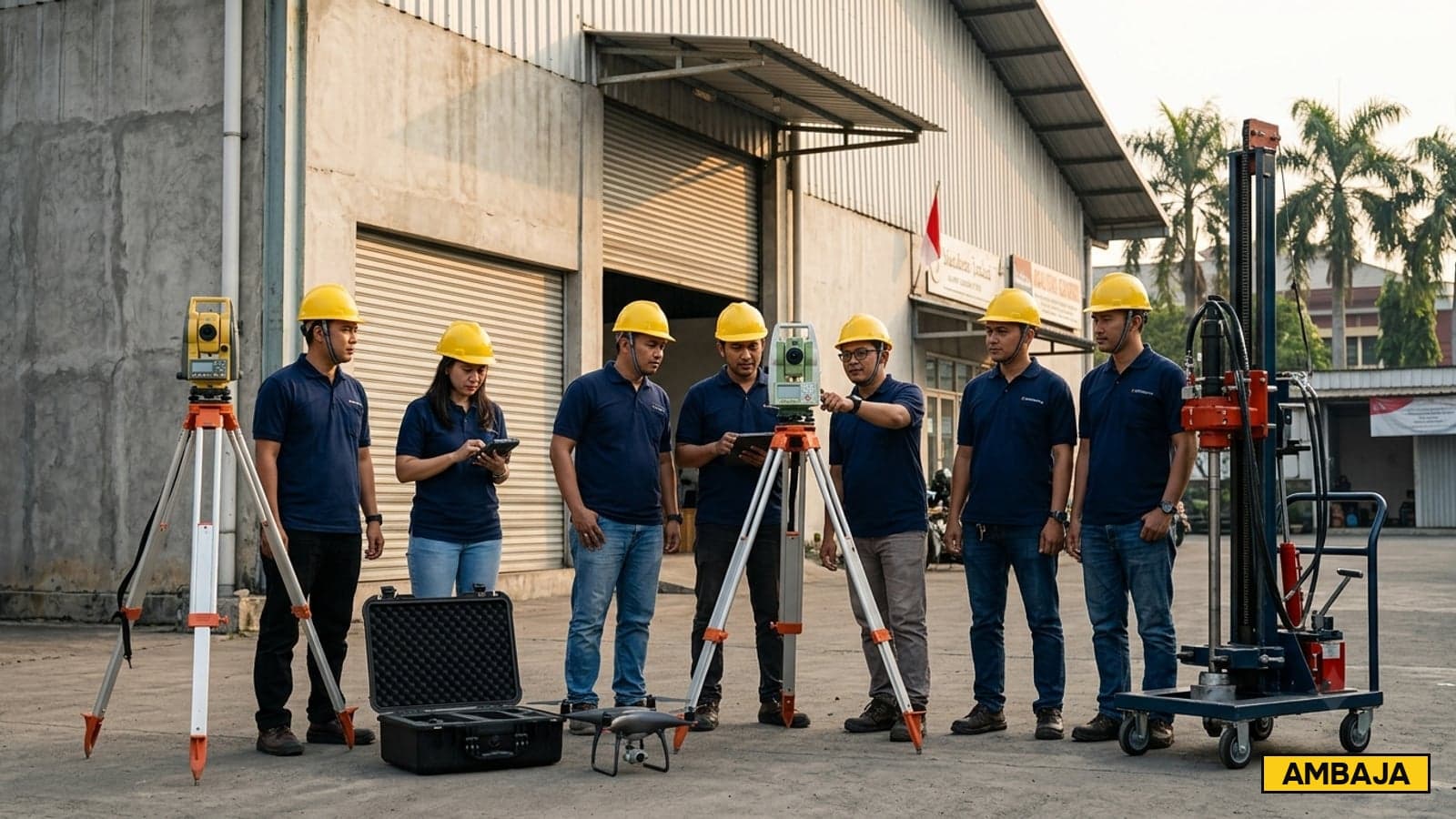 Tim surveyor Ambaja dengan Total Station, GPS RTK, dan drone LiDAR